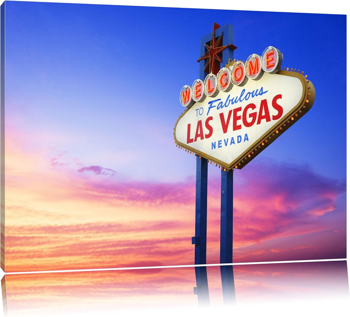 Las Vegas Schild in der Dämmerung Format: 100x70 auf Leinwand, XXL riesige Bilder fertig gerahmt mit