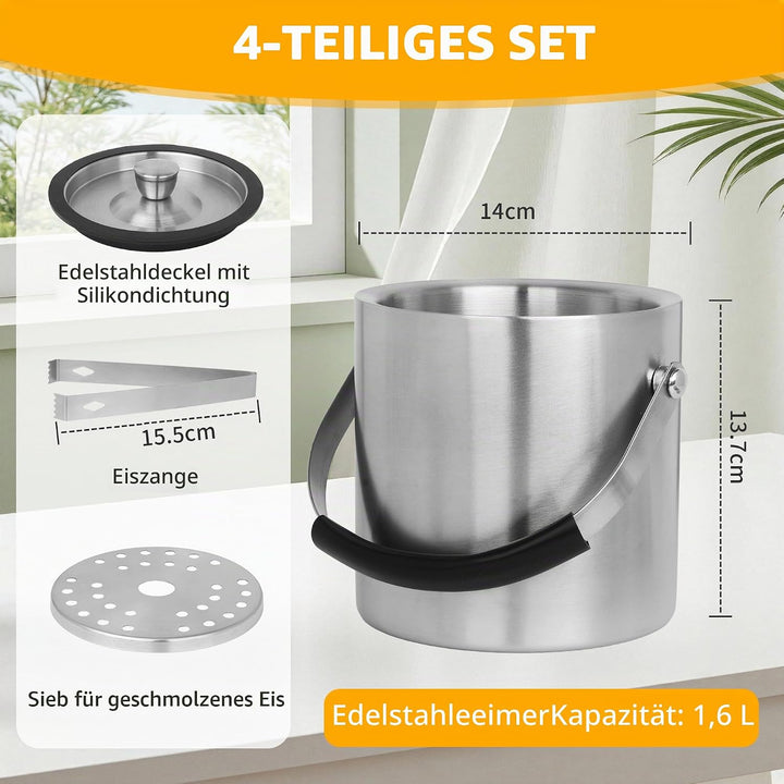 1.6 L Eisbehälter, Eisbehälter aus Edelstahl 1.6 L, Edelstahl-Eiskübel, doppelwandig, doppelwandiger