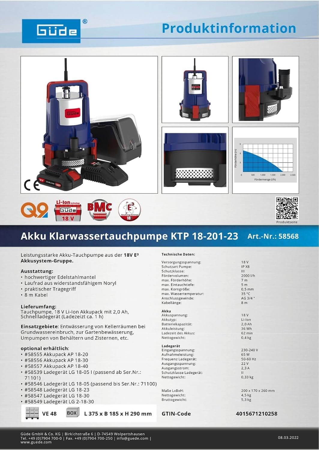 Güde 58568 Akku Klarwassertauchpumpe KTP 18-201-23, 2000 l/h, 2,0 Ah, 7 m Förderhöe