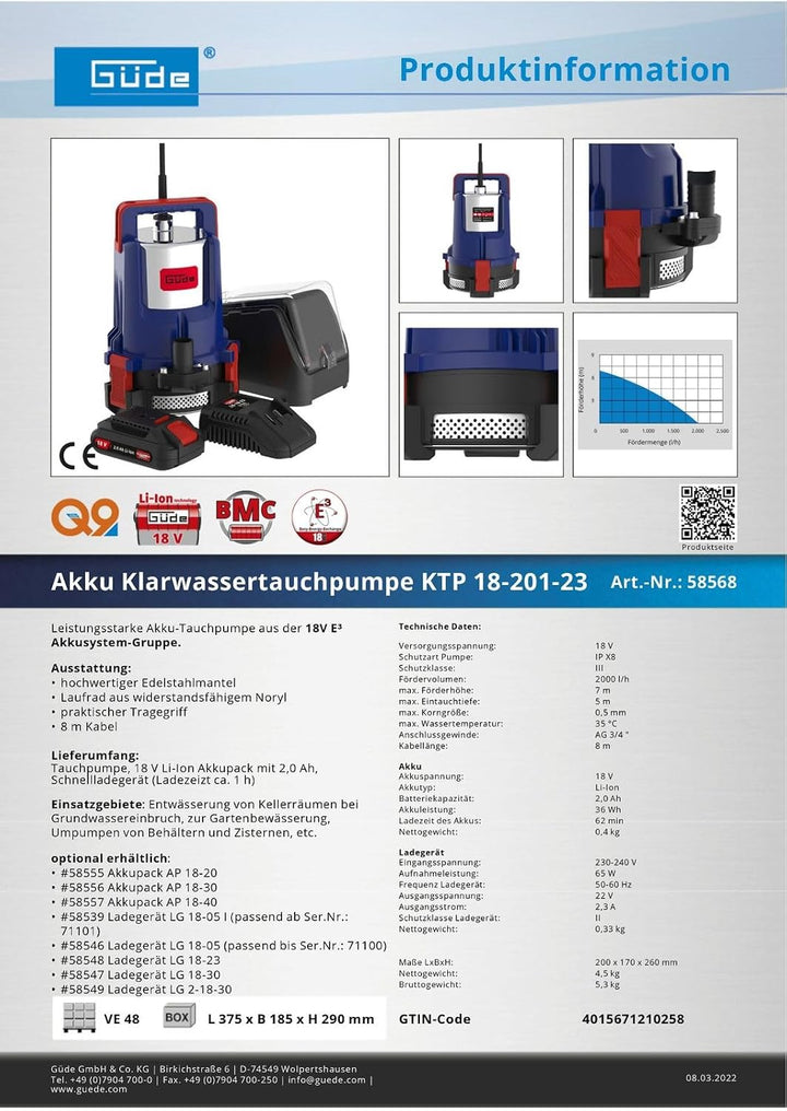 Güde 58568 Akku Klarwassertauchpumpe KTP 18-201-23, 2000 l/h, 2,0 Ah, 7 m Förderhöe