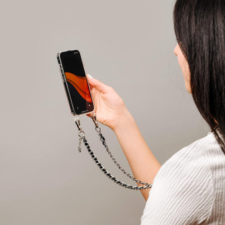 Jalouza Handykette, Kordel & Hülle Bundle kompatibel mit iPhone 13 - Metallkette in Schwarz-Silber u