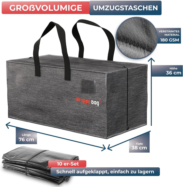 WRAPPYBAG 10er-Set Grosse Kunststoff-Aufbewahrungstaschen – Jumbo XXL Umzugstaschen – Wasserdicht, S