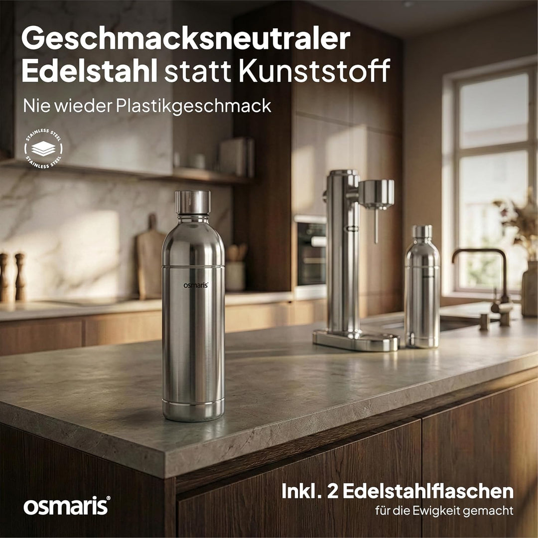 Wassersprudler aus hochwertigem Edelstahl - Design Soda Maker inkl. 2x 1,1 L Edelstahlflaschen - ges