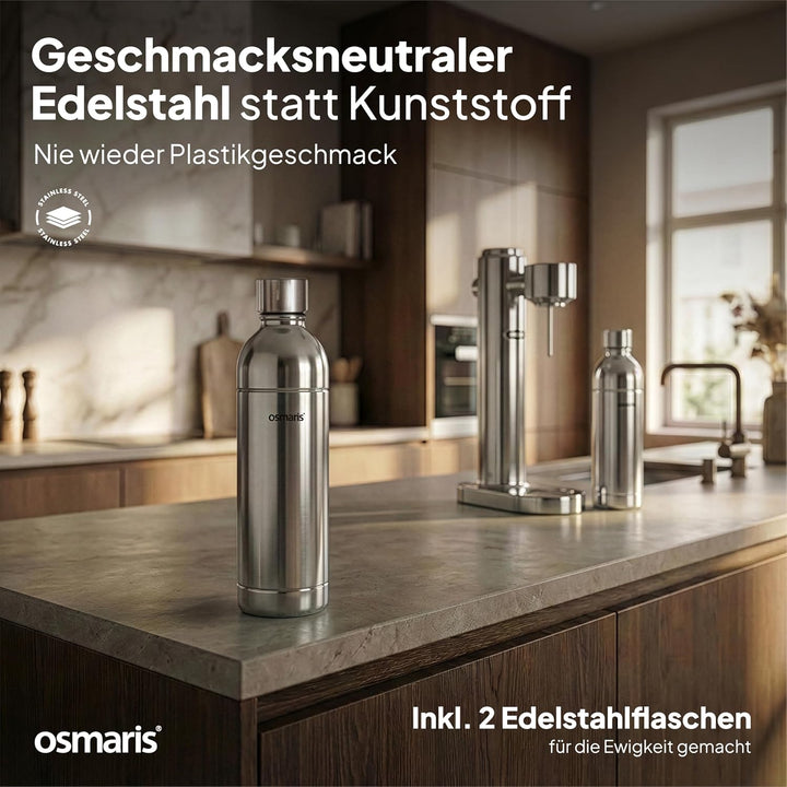 Wassersprudler aus hochwertigem Edelstahl - Design Soda Maker inkl. 2x 1,1 L Edelstahlflaschen - ges