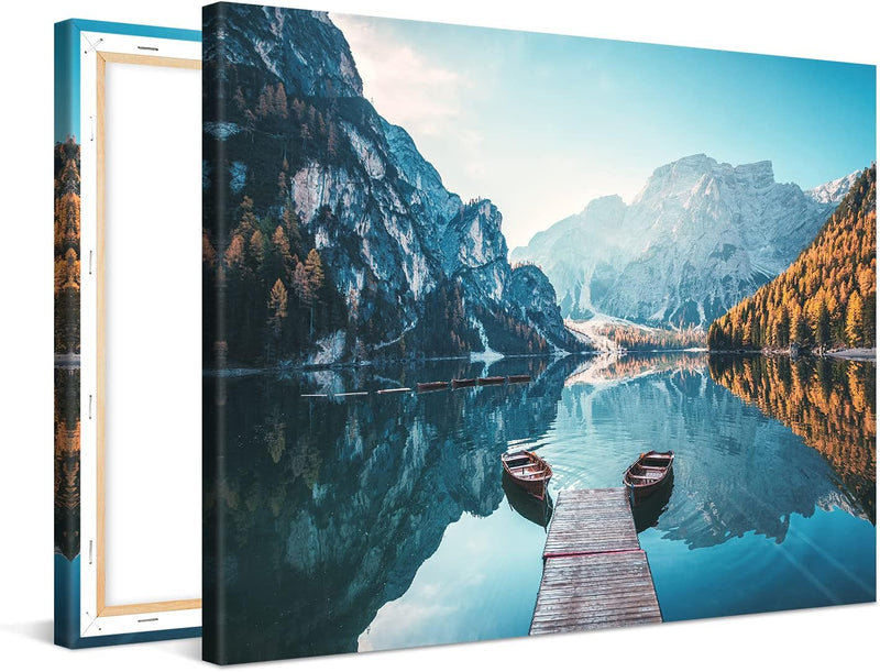 PICANOVA – Bild auf Leinwand Dolomites Bergsee Pragser Wildsee 80x60cm Leinwandbild – Premium Leinwa