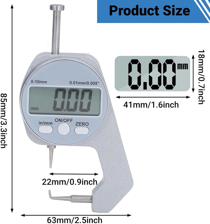 LiebeWH Dickenmesser 0-10 Mm Bereich LCD-Bildschirm Digitalanzeige Gekrümmte Spitze Mini-Dickenmesse