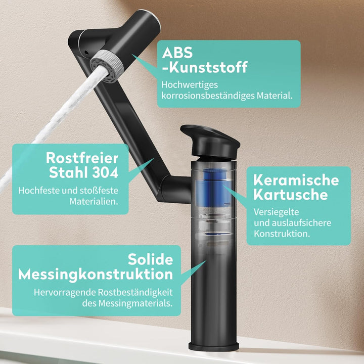 KAIYING 1080° Drehbare Waschtischarmatur, Höhenverstellbare Waschtischarmaturen, Wasserhahn Badezimm