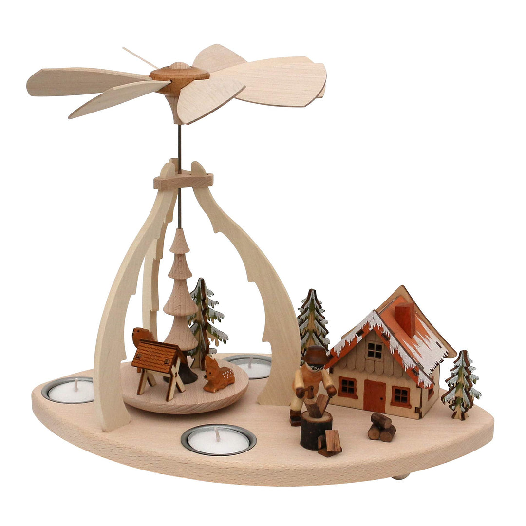 Holz Teelicht-Pyramide mit Szene, für 3 Teelichte, Motiv: Holzhacker mit Hackstock, Rehe und Haus, c