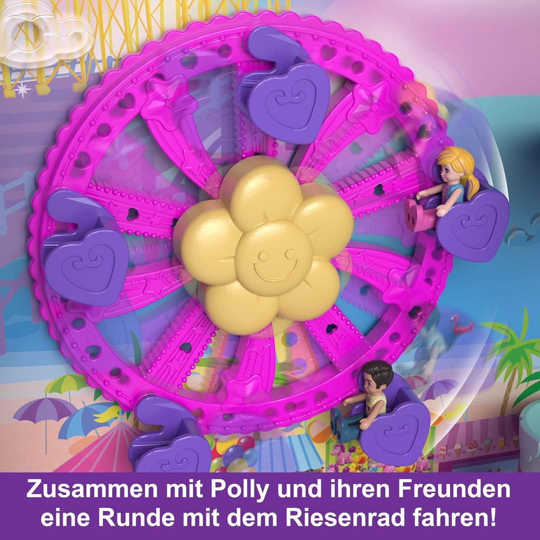 Polly Pocket Pollyville Urlaub im Rollkoffer - 4 Puppen, 1 Fahrzeug, 25+ Zubehörteile, Strand, Prome
