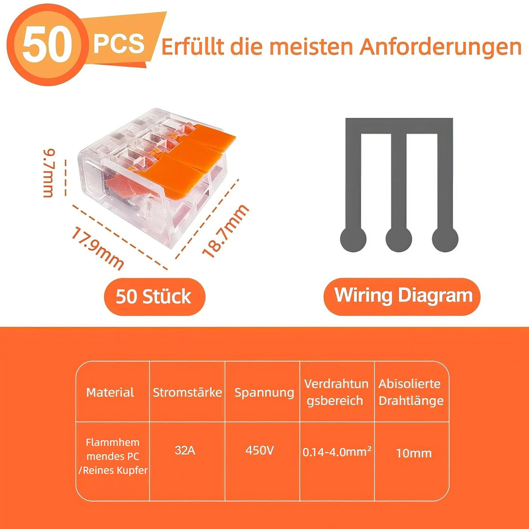 50 Stück Kabelverbinder 3-Leiter, Klemmen bis 4 mm², Verbindungsklemmen Klemme mit Betätigungshebel,