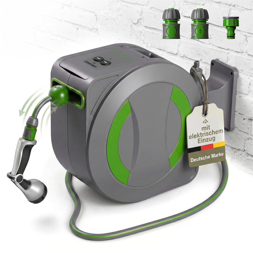 Dönges novaterra® Akku Schlauchtrommel 30m – Automatische akkubetriebene Gartenschlauchtrommel mit e