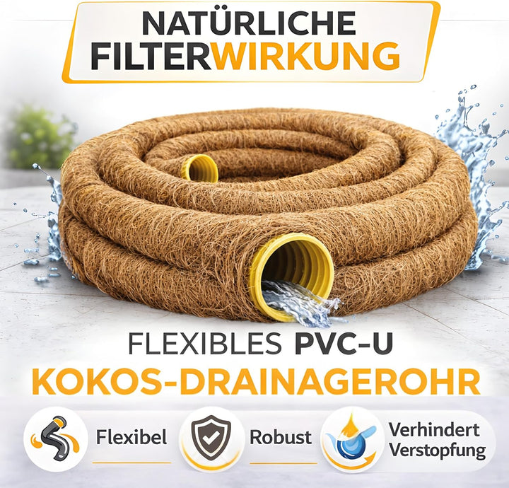 Drainagerohr DN50 5m mit Kokosummantelung – perforiertes PVC Sickerrohr flexibel &amp; gewellt – natürli
