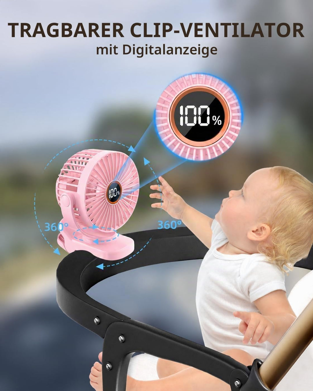 TUNISE USB Ventilator mit Clip, Mini Ventilator 3 Stufen 4,5 m/s, 2000mAh Akku 9,5Std Laufzeit, Tisc