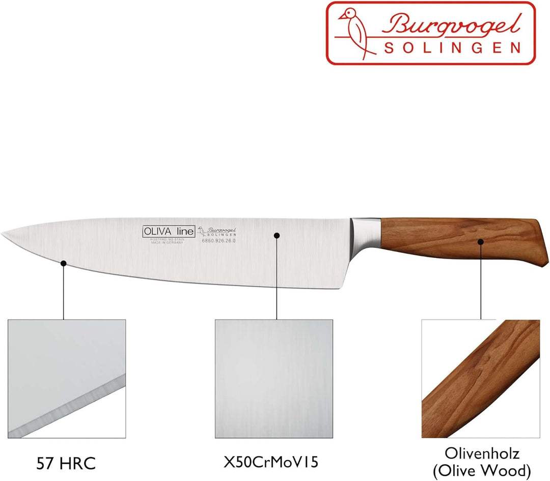 Burgvogel Solingen Kochmesser 26 cm geschmiedet Olivenholz, Oliva Line, rostfrei, deutsches Küchenme