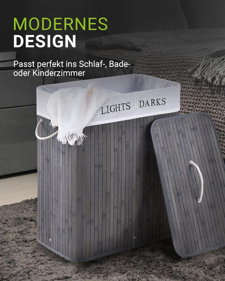 Juskys Bambus Wäschekorb Curly Grau 100L - Hygienischer Wäschekorb mit Deckel, Tragegriff & Wäschesa