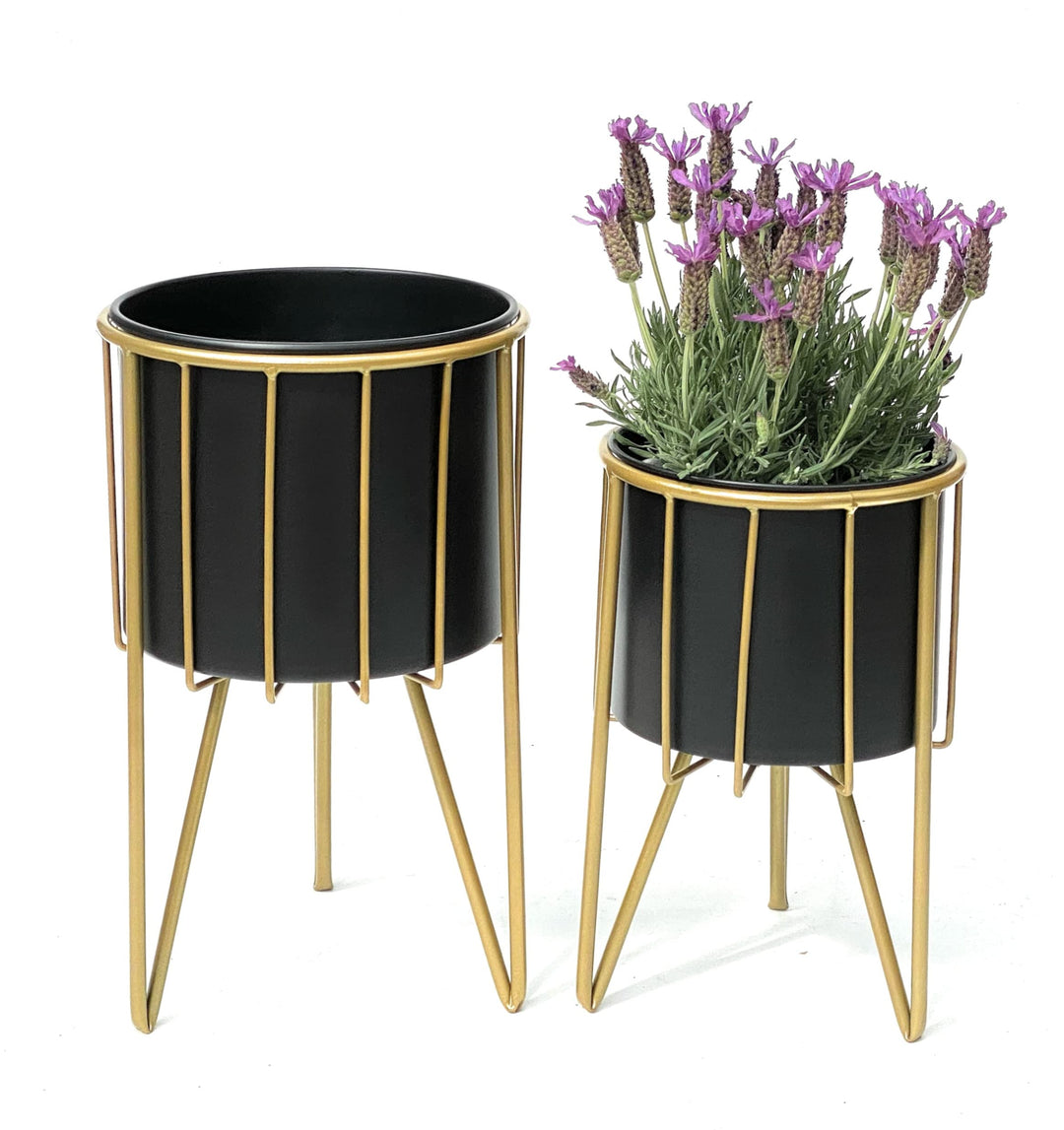 DanDiBo Blumenhocker mit Topf Metall Gold Schwarz Rund 2er Set Blumenständer 96039 Blumensäule Moder