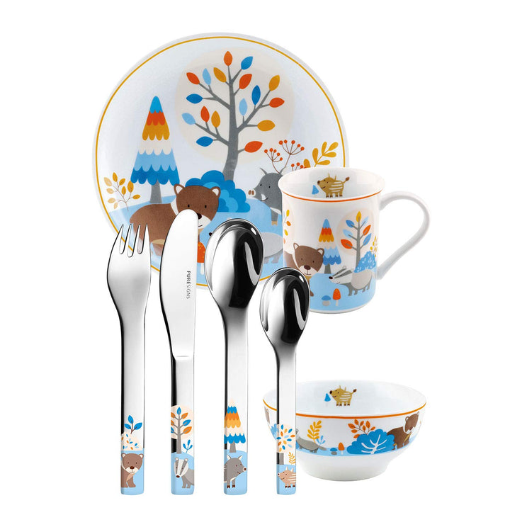 Puresigns FRIENDS Kindergeschirr Set 7-teilig - Langlebiges Design mit Waldtieren - Dachs, Bär & Wil