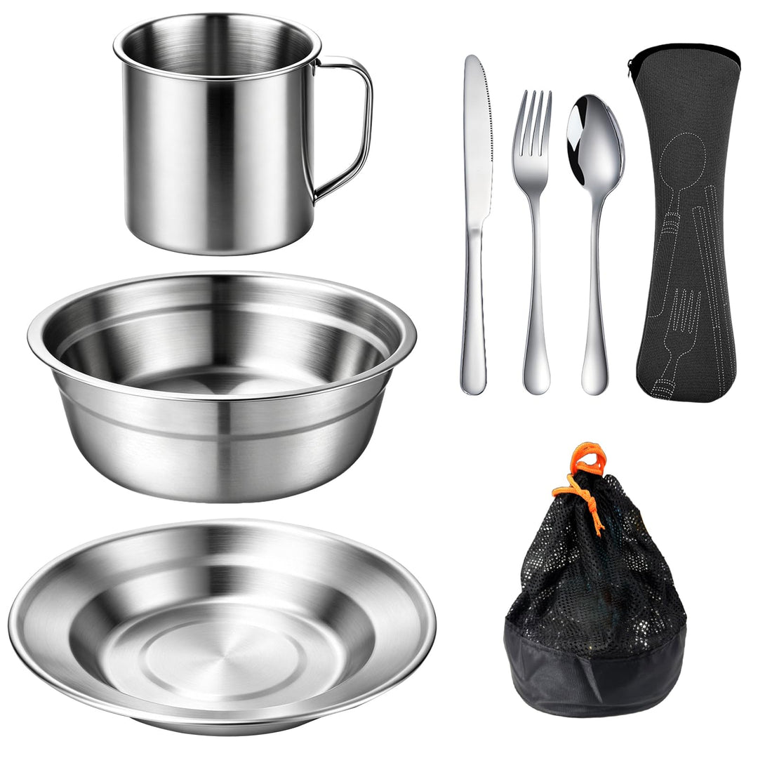 Campingbesteck Set 1 Person, Camping Geschirr Set Edelstahl mit Schalen Teller Tassen Gabeln Löffel