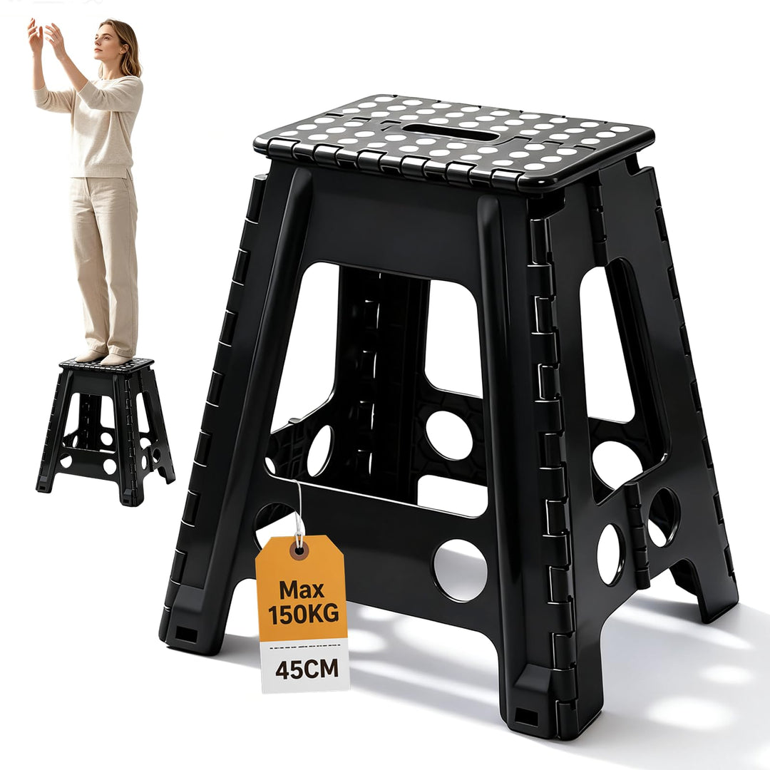 Klapptritt 45cm Schwarz, Faltbarer Tritthocker aus Kunststoff bis 150 kg, rutschfeste Oberfläche mit