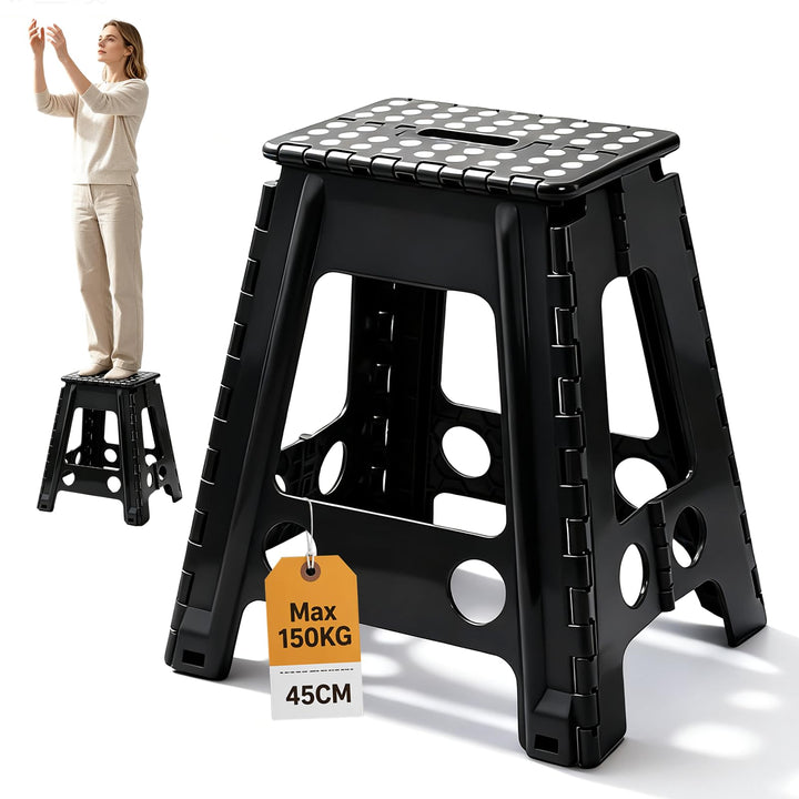 Klapptritt 45cm Schwarz, Faltbarer Tritthocker aus Kunststoff bis 150 kg, rutschfeste Oberfläche mit