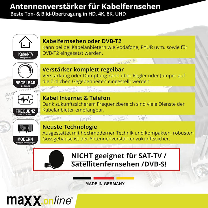 maxx.onLine Antennenverstärker für Kabelfernsehen 33 dB Verstärkung mit Rückkanal 1 GHz, DVB-T2, Hau