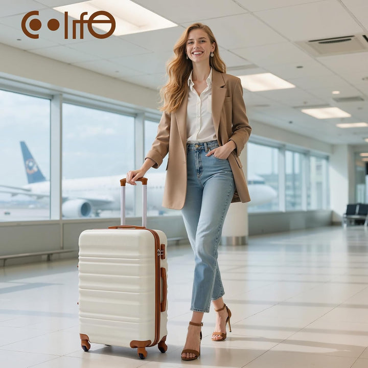 COOLIFE Hartschalen-Koffer Trolley Rollkoffer Reisekoffer mit TSA-Schloss und 4 Rollen (Blau/Braun,