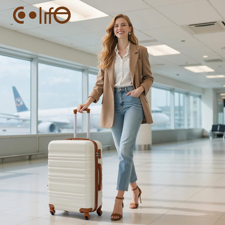COOLIFE Hartschalen-Koffer Trolley Rollkoffer Reisekoffer mit TSA-Schloss und 4 Rollen (Weiss/Braun,