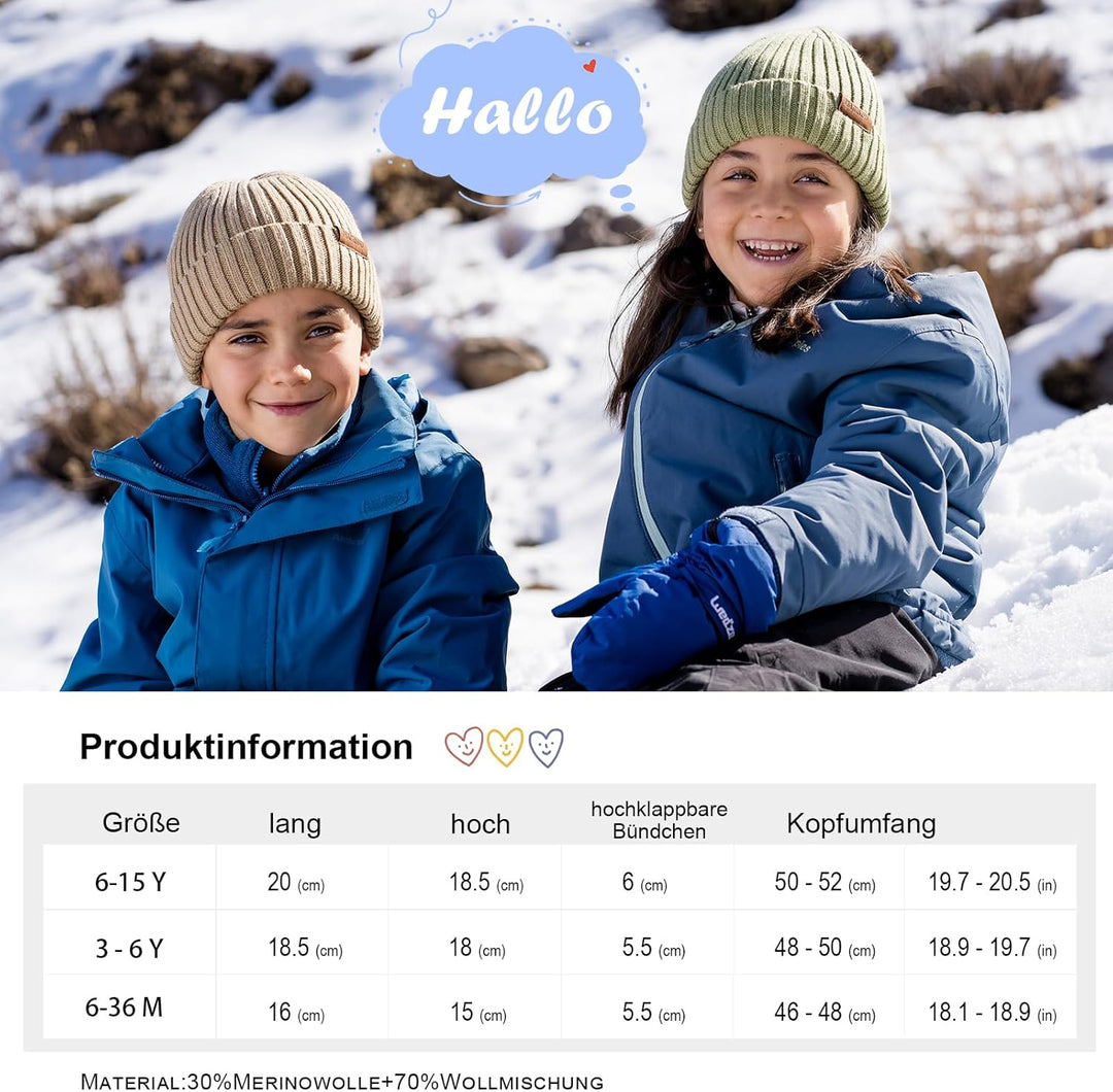 MAGISDU Baby Wintermütze Kinder Merino Mütze Jungen&Mädchen Wollmütze Strickmütze Winter Beanie Ther