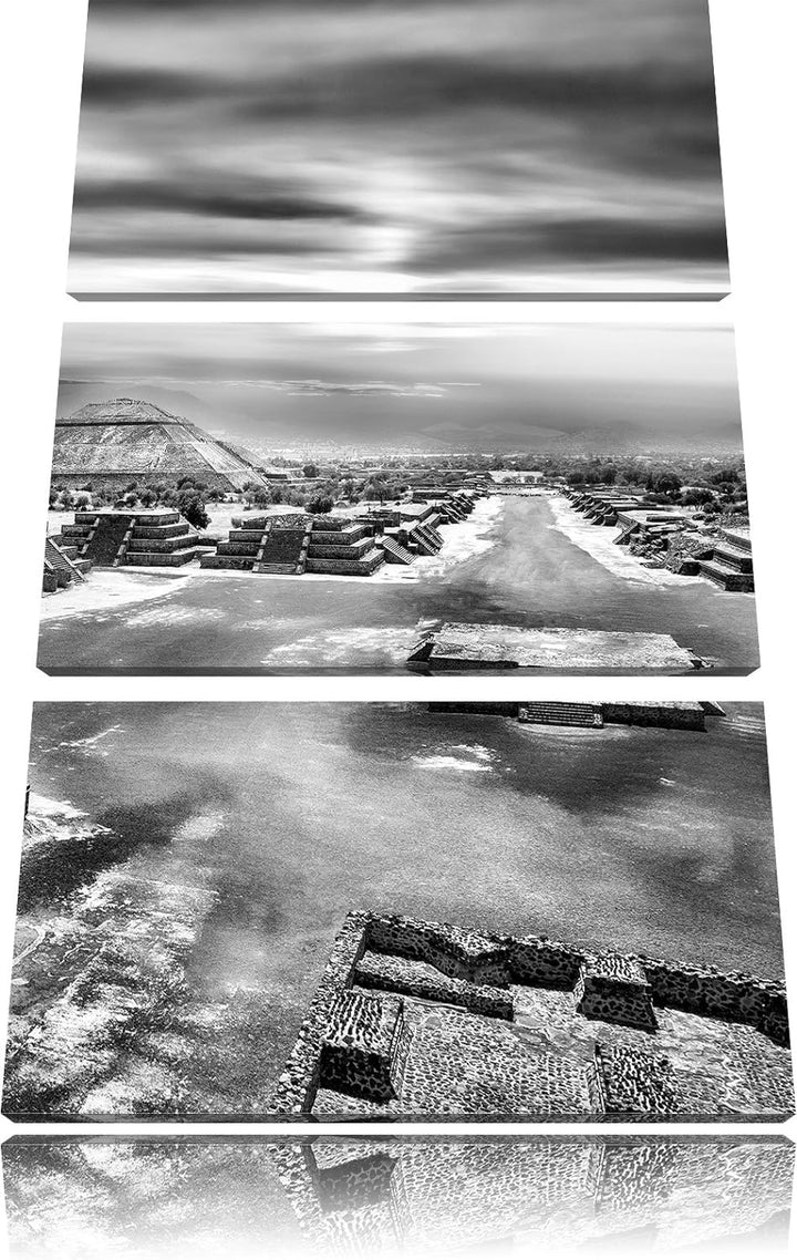 Pixxprint Monocrome, Maya Tempelanlage Teotihuacan in Mexico 3-Teiler Leinwandbild 120x80 Bild auf L