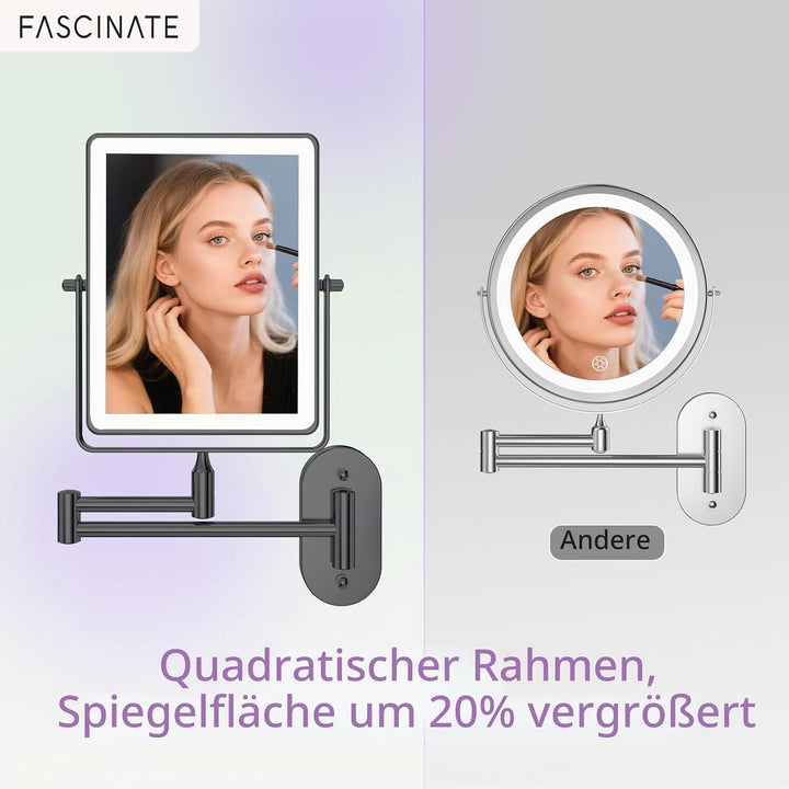 FASCINATE Wiederaufladbarer Kosmetikspiegel mit 1X/20X Vergrösserung, 3 dimmbare Lichtfarben, Touchs