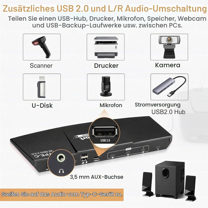 TESmart 3 Port USB Type C KVM Switch 4K@60Hz 4:4:4 Ultra HD | 3x1 USB C KVM-Umschalter 3 in 1 out Un