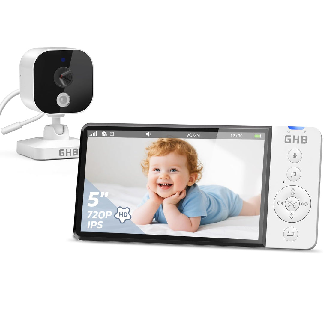 GHB Babyphone mit Kamera 5 Zoll HD 5000mAh IPS-Display 720P VOX-Modus 4X Zoom Nachtsicht Temperatura