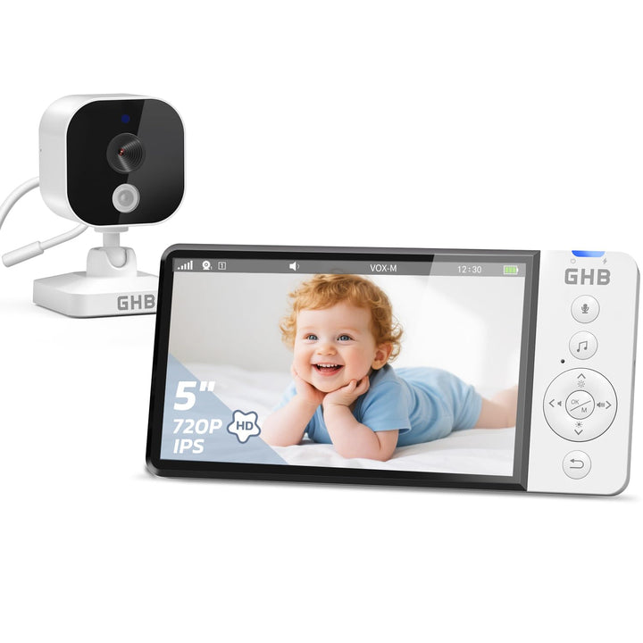 GHB Babyphone mit Kamera 5 Zoll HD 5000mAh IPS-Display 720P VOX-Modus 4X Zoom Nachtsicht Temperatura
