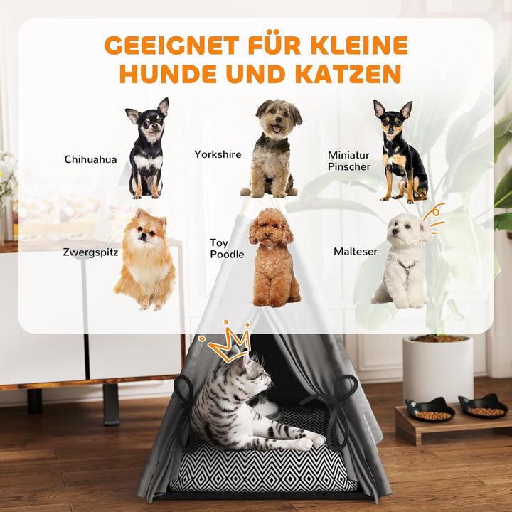 PawHut Tipi Zelt für Haustiere, Katzenzelt mit abnehmbar und waschbar Kissen, Katzenhaus mit rutschf