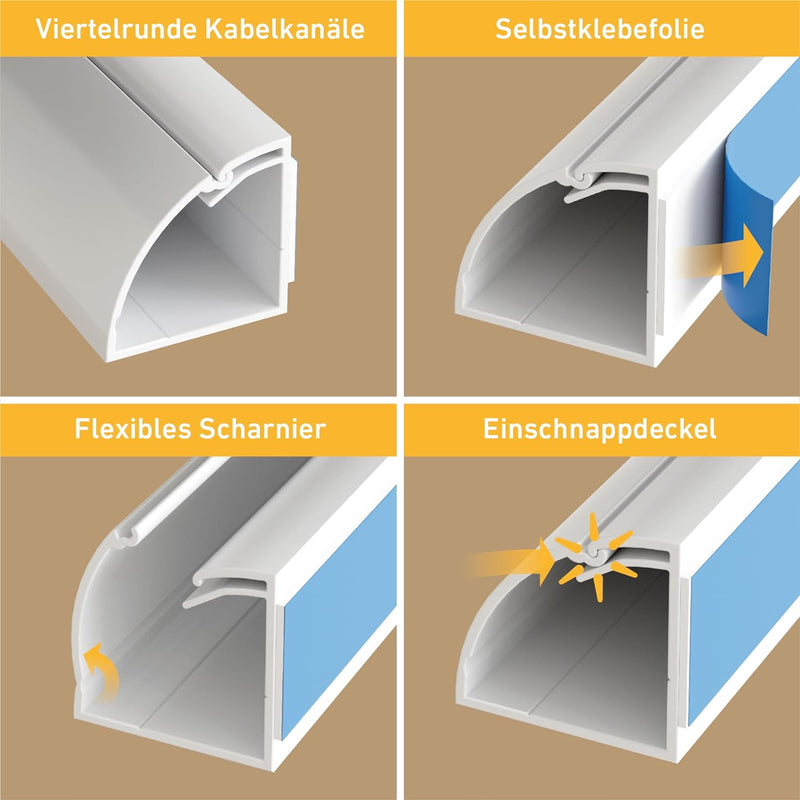 D-Line Viertelrunde Kabelkanäle, Kabelführungen Selbstklebender, Kabelleiste - 4X 22mm (B) x 22mm (H
