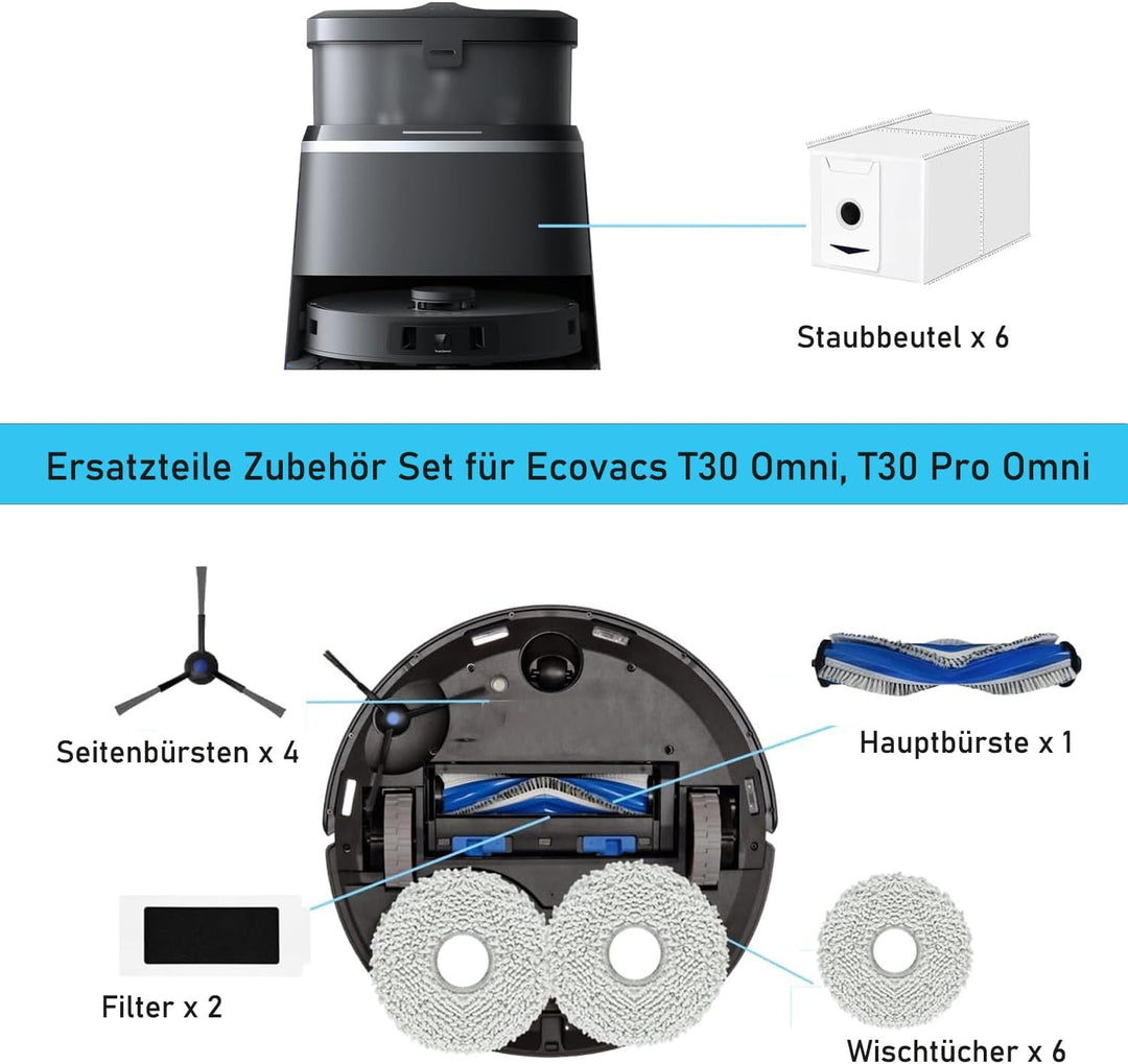 Zubehörset für ECOVACS DEEBOT T30 Omni / T30 Pro Omni, Saprdii 6 Antibakterielle Staubbeutel, 6 Mopp