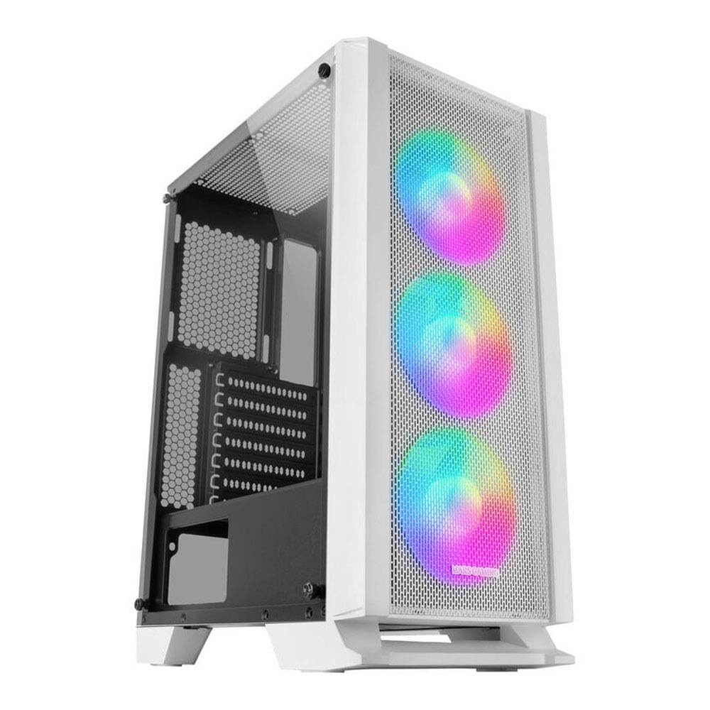 Mars Gaming MC-C Weiss, ATX PC Gehäuse, Metall-Mesh Frontplatte, Gehärtetes Glas, 3 Frontlüfter FRGB