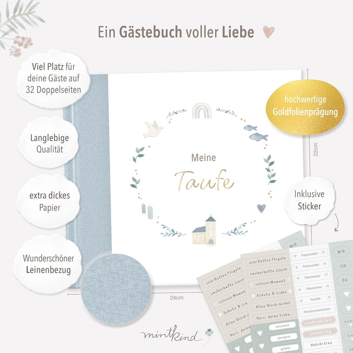 mintkind® Gästebuch Taufe Blau - Erinnerungsbuch für Junge & Mädchen, Taufgeschenk & Taufalbum, 72 S