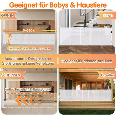 Treppenschutzgitter Ausziehbar 380 cm, AMAZKRUS Türschutzgitter Ausziehbar Verstärkt 90 cm Hoch, Bab