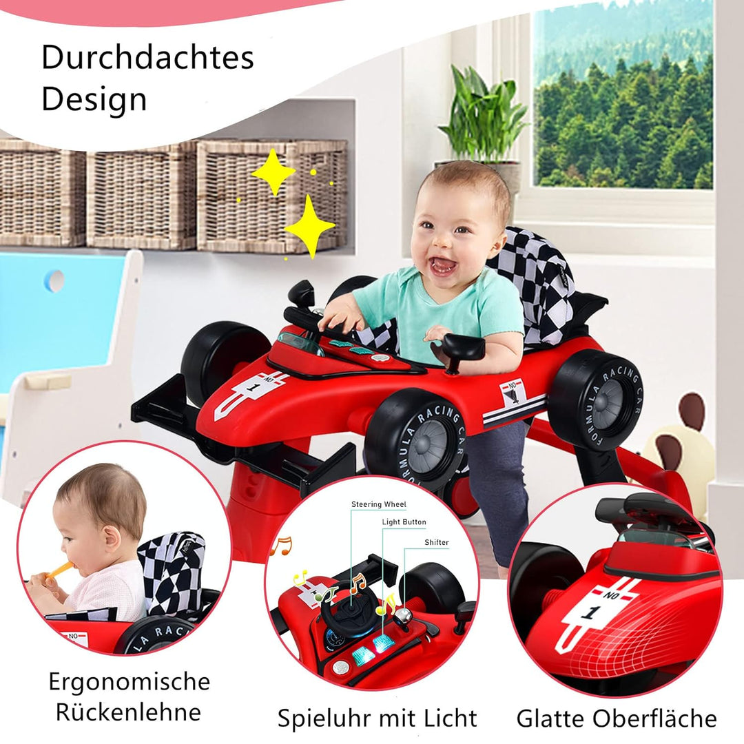 DREAMADE 4 in 1 Autoförmige Lauflernhilfe mit einstellbarer Geschwindigkeit, Musik & Licht, Babywalk