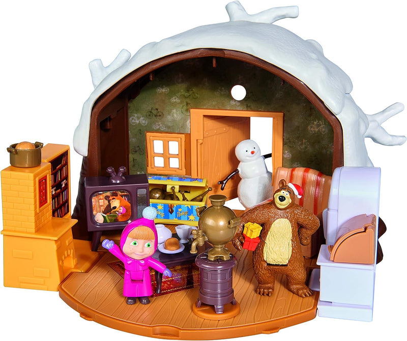 Simba 109301023 - Mascha und der Bär Spielset Winter Bärenhaus, zum Aufklappen, mit Winterbär Figur,