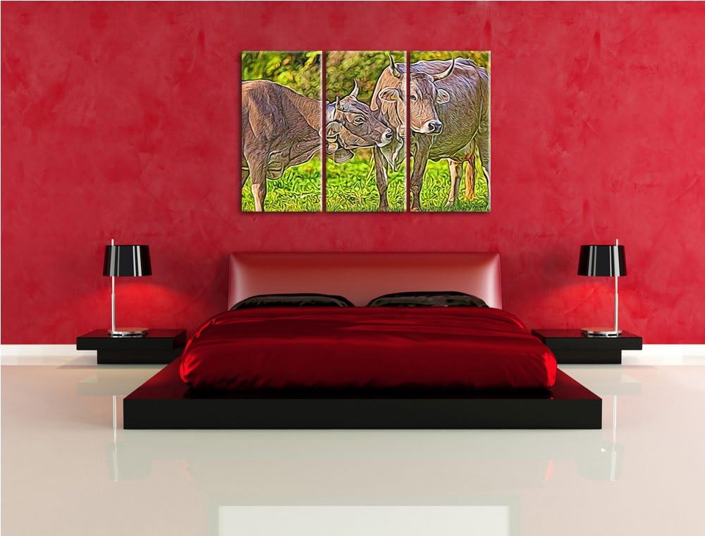 Kuhbullen auf Weide Spezial 3-Teiler Leinwandbild 120x80 Bild auf Leinwand, XXL riesige Bilder ferti