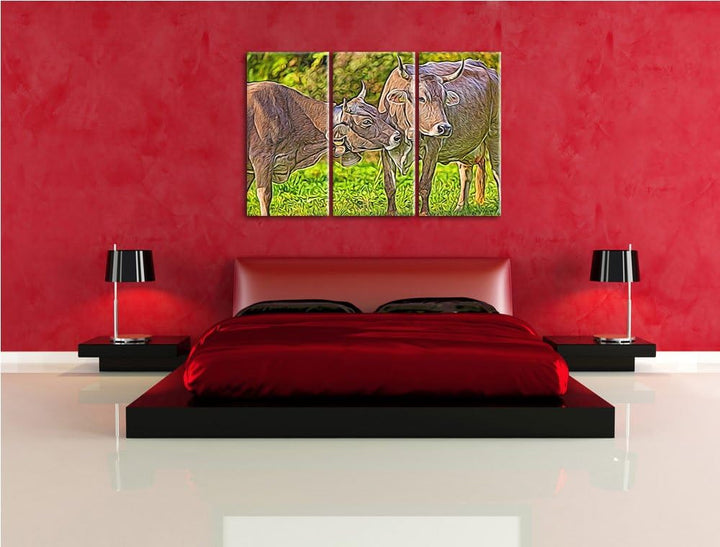 Kuhbullen auf Weide Spezial 3-Teiler Leinwandbild 120x80 Bild auf Leinwand, XXL riesige Bilder ferti