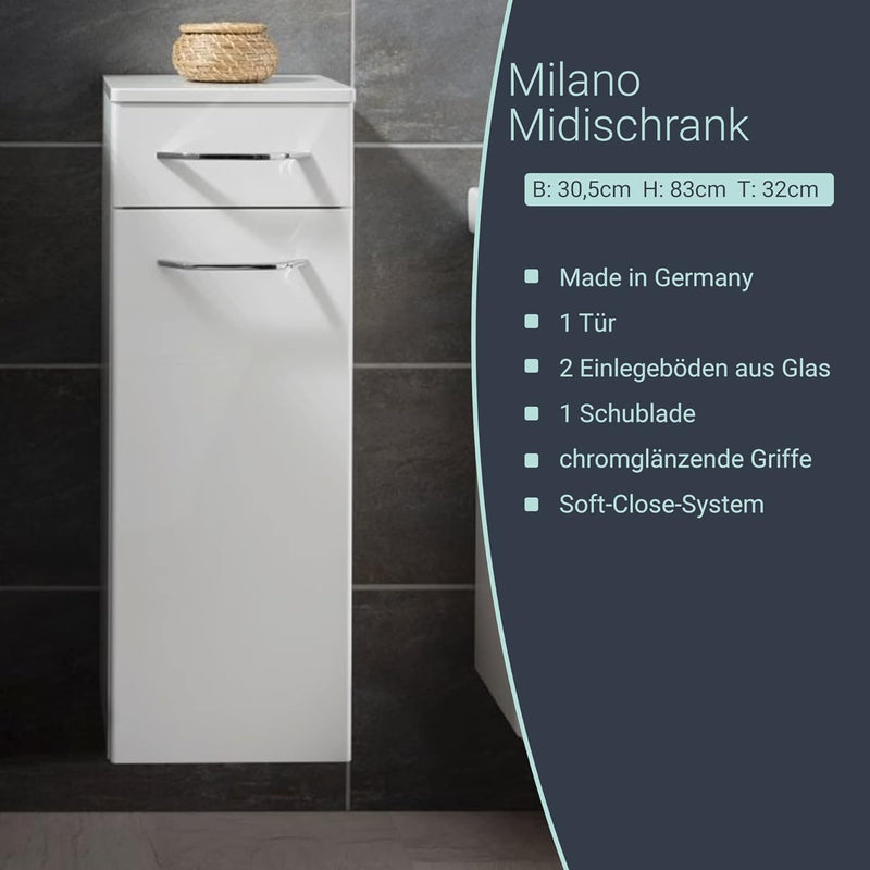 FACKELMANN Milano Midischrank mit Tür und Schublade – Schrank für Badezimmer (30,5 cm x 83 cm x 32 c