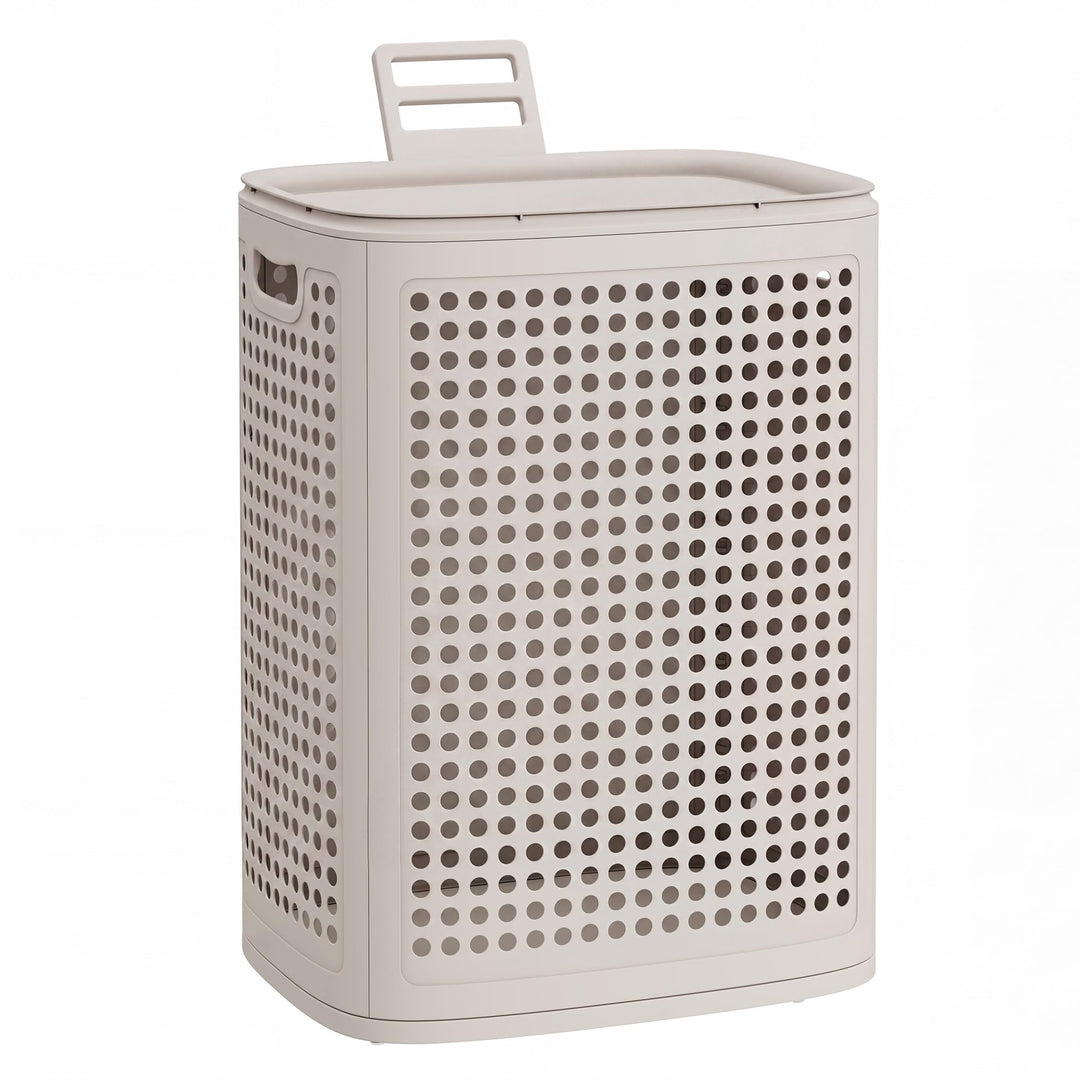 SONGMICS Wäschekorb mit Deckel, Wäschesammler Plastik, 75 L, Wäschetonne schmal, Wäschebox platzspar