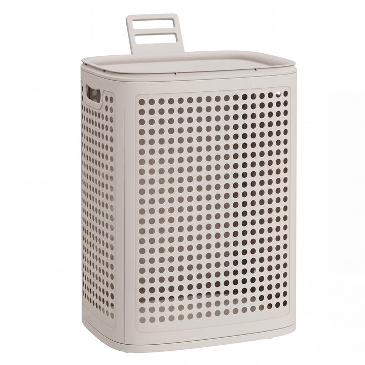 SONGMICS Wäschekorb mit Deckel, Wäschesammler Plastik, 75 L, Wäschetonne schmal, Wäschebox platzspar