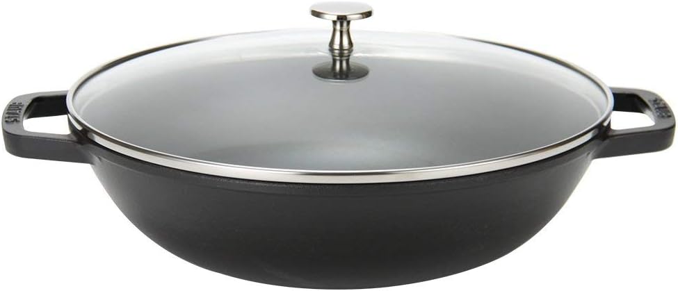 STAUB Wok aus Gusseisen, 30 cm, inkl. Glasdeckel, Induktionsgeeignet, Schwarz