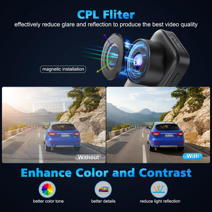 Dashcam Auto Vorne Hinten mit CPL Filter, 4K+1080P WiFi AutoKamera mit 64G SD Karte, 3" IPS-Bildschi