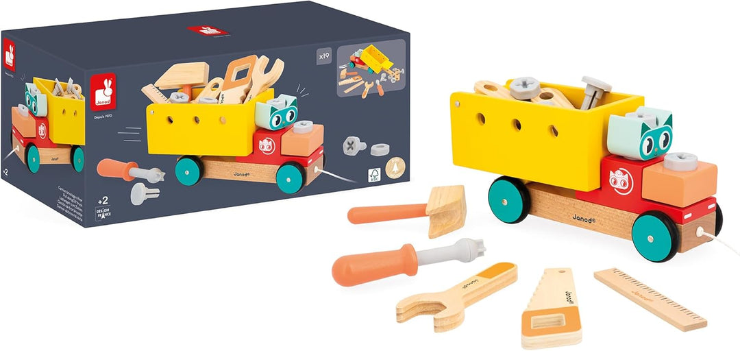 Janod - Mein erstes Konstruktionsspiel - Nachzieh-DIY-LKW - 23 Zubehörteile - Rollenspiel - Feinmoto