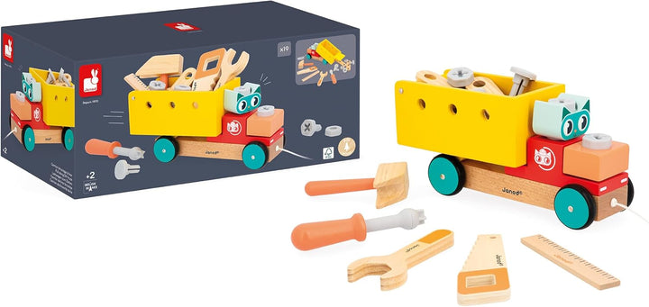 Janod - Mein erstes Konstruktionsspiel - Nachzieh-DIY-LKW - 23 Zubehörteile - Rollenspiel - Feinmoto